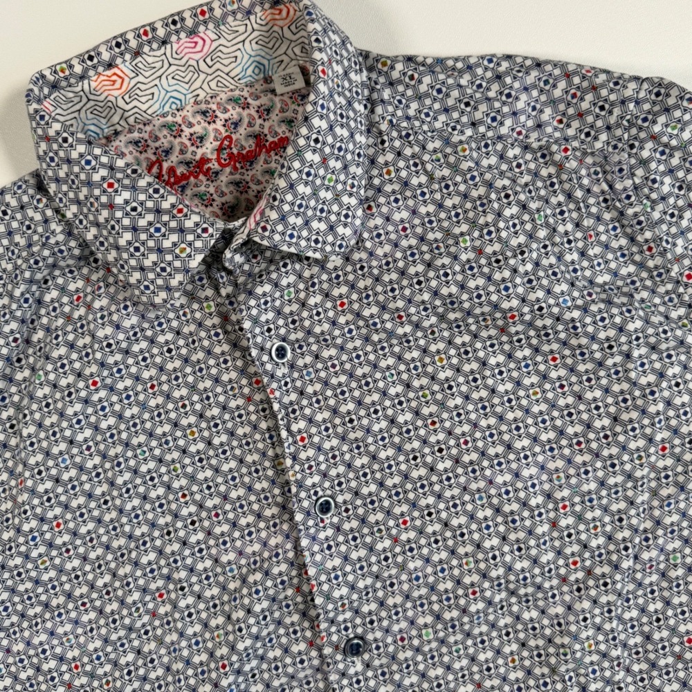 Robert Graham Button Down Mens XL White Blue Geometric Short Sleeve Classic Fit
